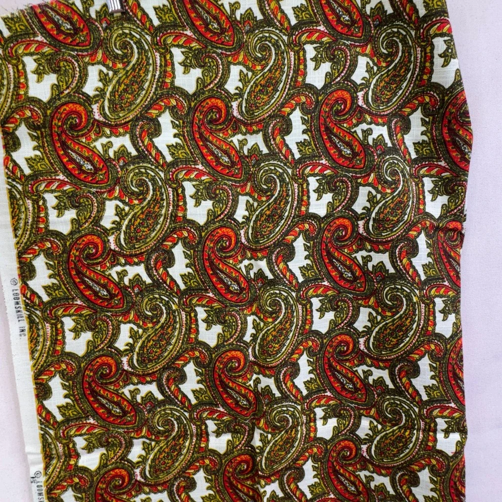 Loomskill Vintage Paisley Fabric 1 Yard Orange Green Retro Boho Mid Century